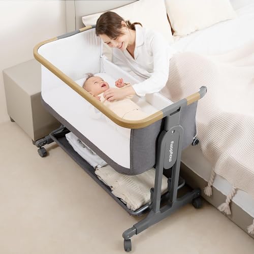 Maydolly Baby Bassinet, 3-in-1 Rocking Bassinet Bedside Sleeper with Wheels, Mattress, Sheet, 7 Height Adjustable