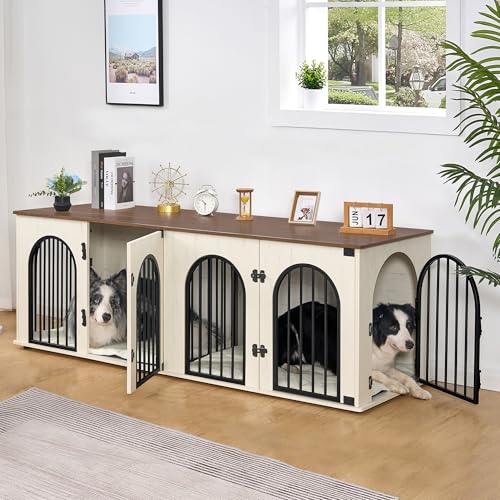 71" Dog Crate Furniture for 2 Dogs, Heavy Duty Indoor Dog Kennel TV Stand, XXL Wooden Dog Cage with Divider for Medium Large Dogs