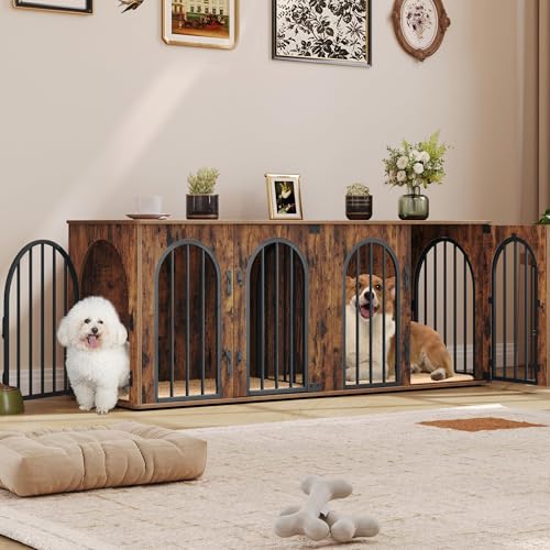 71" Dog Crate Furniture for 2 Dogs, Heavy Duty Indoor Dog Kennel TV Stand, XXL Wooden Dog Cage with Divider for Medium Large Dogs