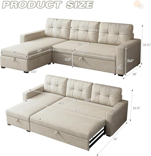 Ball & Cast Convertible Sofa Bed with Reversible Storage Chaise,Linen Sleeper Sofa Couch L Shaped Pull Out Couch Bed