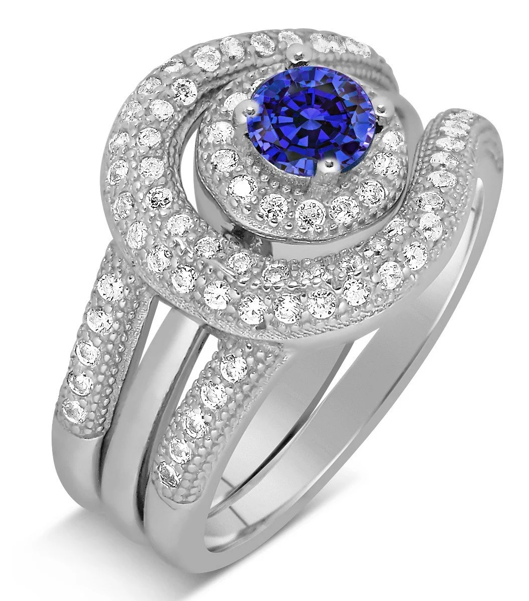 Unique and Luxurious 2.25 Carat Halo Art Deco Designer Round Shape Blue Sapphire Moissanite Diamond Wedding Ring Set in 10k White Gold