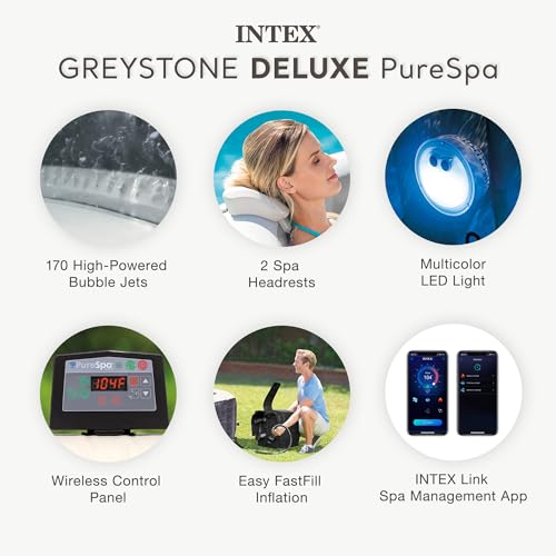 INTEX 28451EP PureSpa Greystone Deluxe Spa Set: Includes Energy Efficient Spa Cover and Wireless Control Panel – Spa Control App – Built-in FastFill