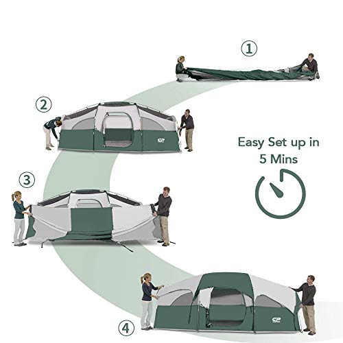 CAMPROS CP Tent 8 Person Camping Tents, Weather Resistant Family Tent, 5 Large Mesh Windows, Double Layer, Divided Curtain for Separated Room