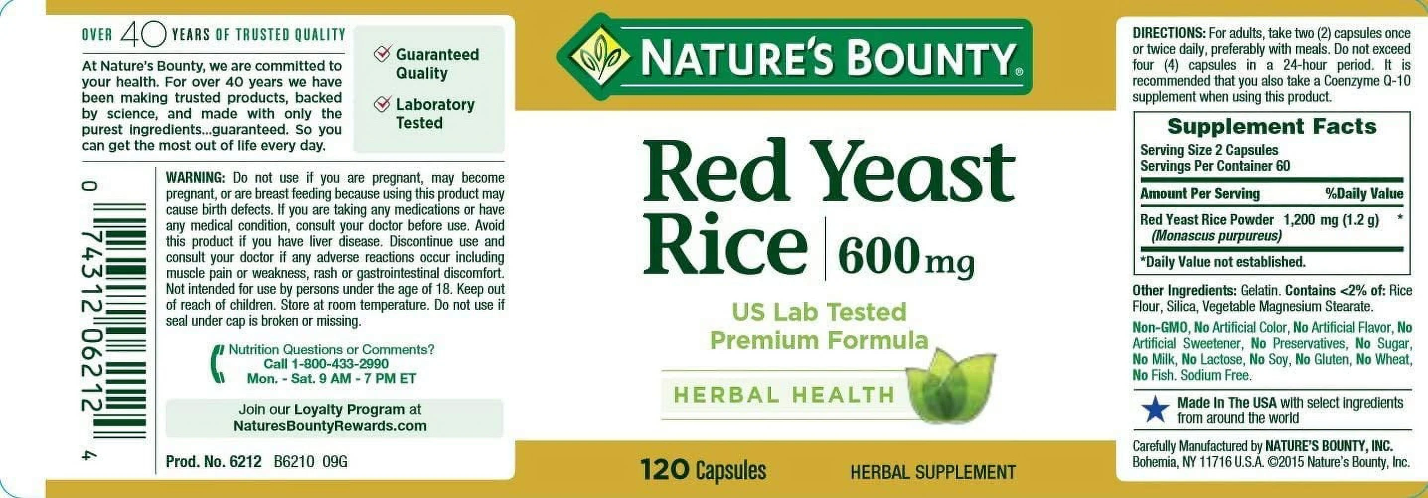 Nature's Bounty Red Yeast Rice 600mg 120 Capsules (Pack of 6)