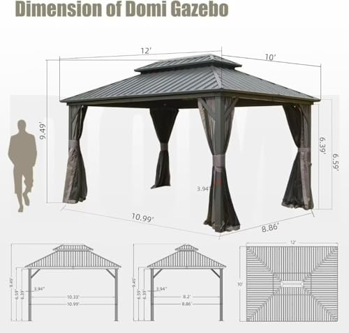 Domi 10’ x 10’ Hardtop Gazebo Metal Frame Canopy with Netting & Curtains