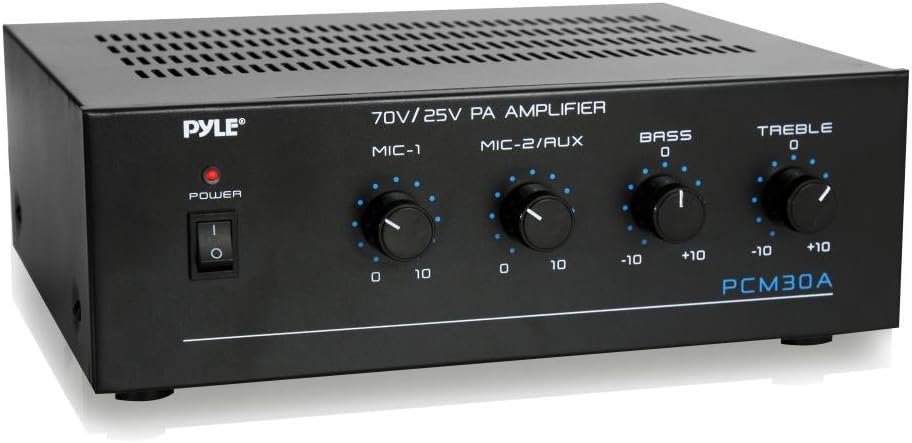 Compact Mini Home Power Amplifier - 60W Smart Small Indoor Audio Stereo Receiver w/ RCA, 2 Microphone IN, 25/70 Volt Outputs, LED, Input Selector