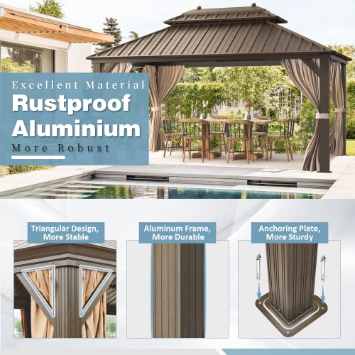 MELLCOM 10'x13' Hardtop Gazebo with Polycarbonate Double Roof, Aluminum Frame Outdoor Gazebo Permanent Pavilion with Curtains and Netting for Patio