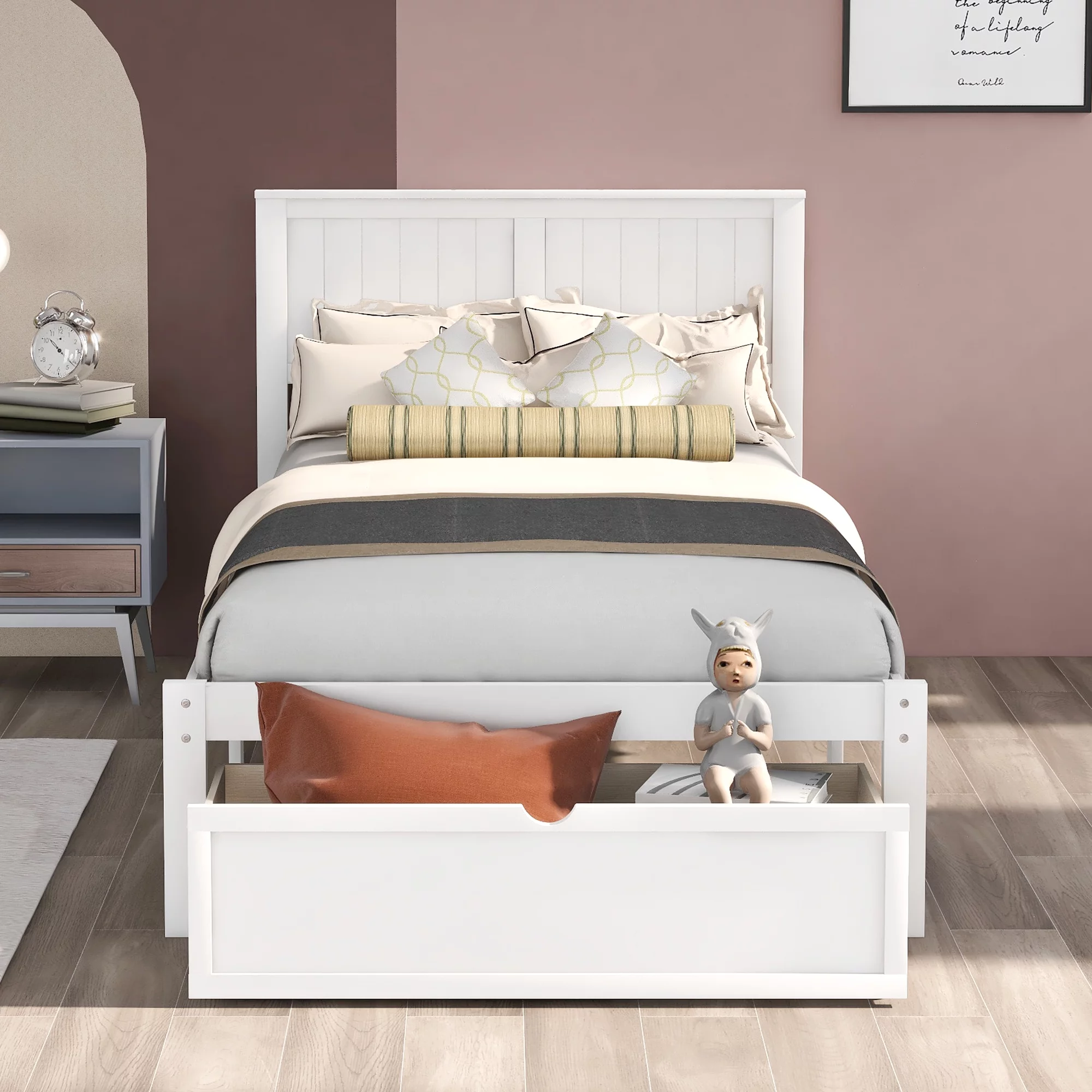 Twin Wood Platform Bed with Headboard & Big Storage Drawer for Kids, White