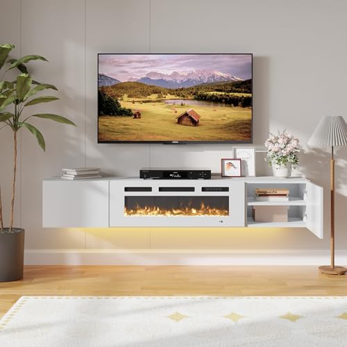 Aoxun Floating Fireplace TV Stand,70" TV Cabinet,Wall Mounted Entertainment Center with 36" Electric Fireplace