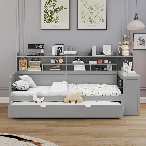 Corner Twin Bed Frame with Bookcase Storage and Desk, Wood Day Beds with 2 Drawers, Twin Size Daybed with Storage for Living Room