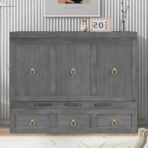 Harper & Bright Designs Full Size Murphy Bed Wall Bed, Solid Pine Murphy Bed Chest Cube Cabinet Bed with USB