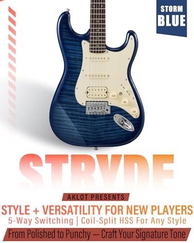 AKLOT Stryde Electric Guitar with Coil-Split: Roasted Maple Neck, Flame Maple Graphic Top, HSS Ceramic Pickups, Beginner Guitar Kit with 10W Amp