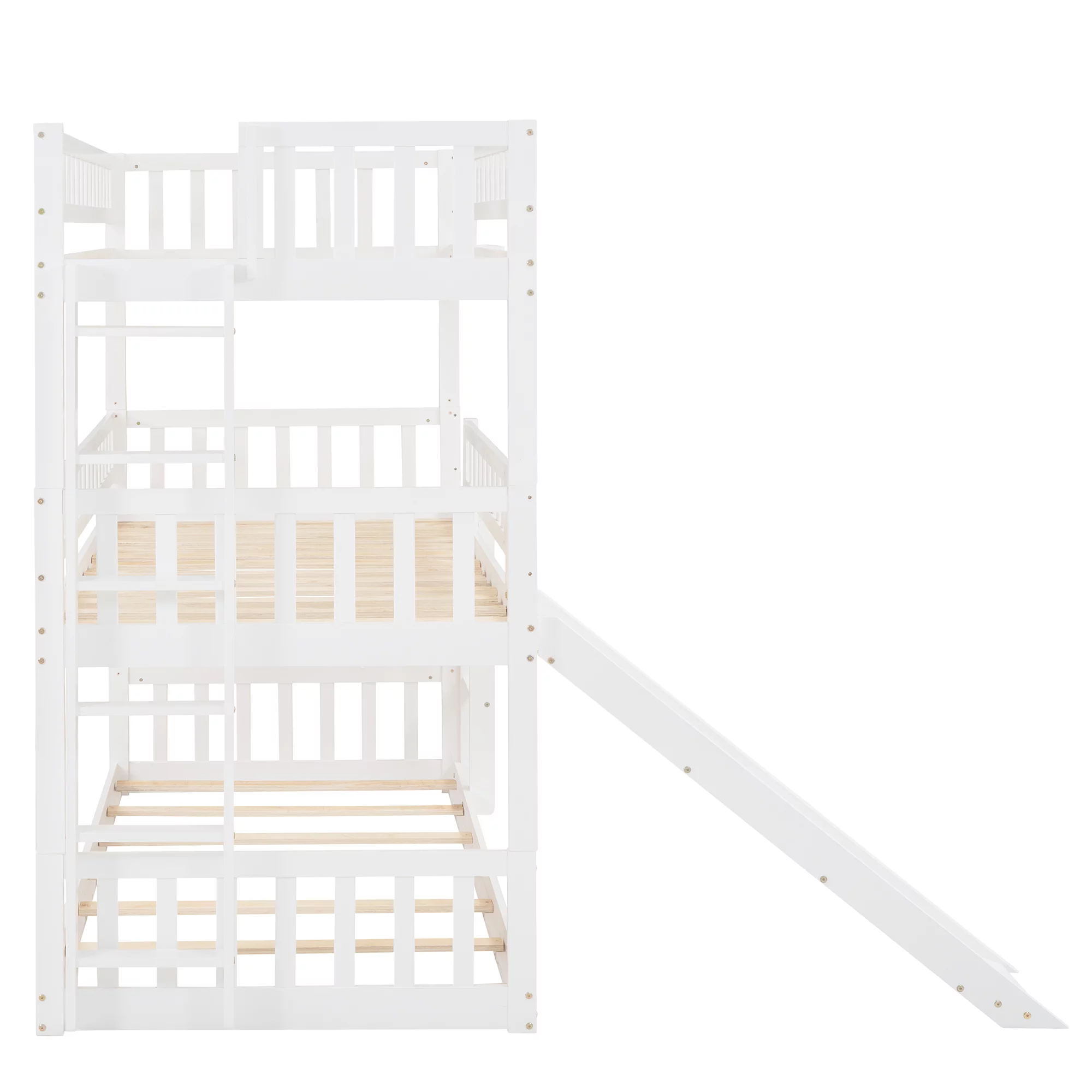 Bellemave Triple Bunk Bed with Slide, Wood Twin Over Twin Over Twin 3 Bunk Bed with Built-In Ladder and Guardrails, Triple Bed for Kids, Teens, Boys