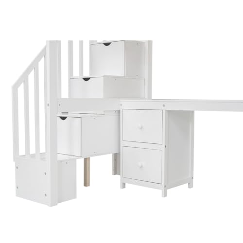 Loft Bed Twin Size, Twin Loft Bed with Desk and 2 Drawers, Storage Stairs, High Guardrail, Pine Frame, Space Saving, Wood Loft Bed for Bedroom (Gray)
