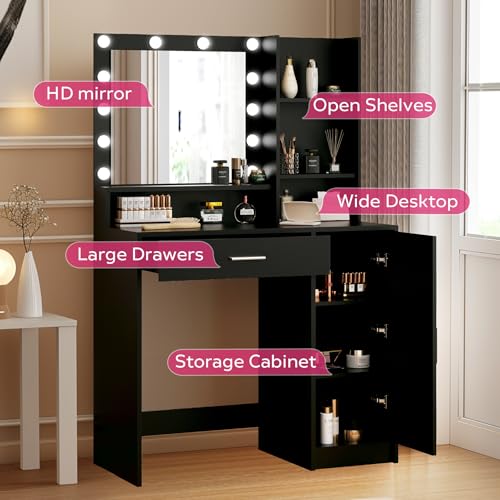 Vanity Desk with Mirror and Light, Large Drawer and Three Level Storage Dresser, 3 Lighting Modes Adjustable Brightness