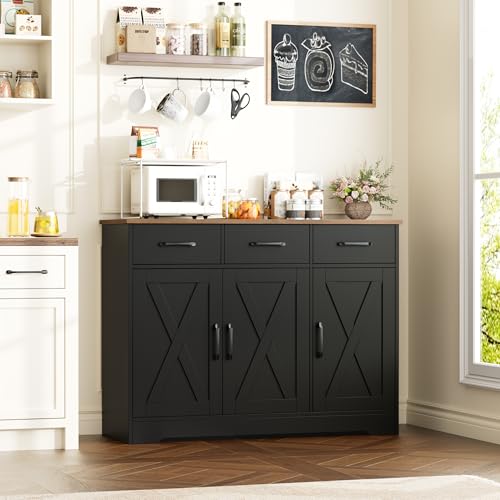 HOSTACK Modern Farmhouse Sideboard Buffet Cabinet, Barn Doors Buffet Storage Cabinet with Drawers and Shelves