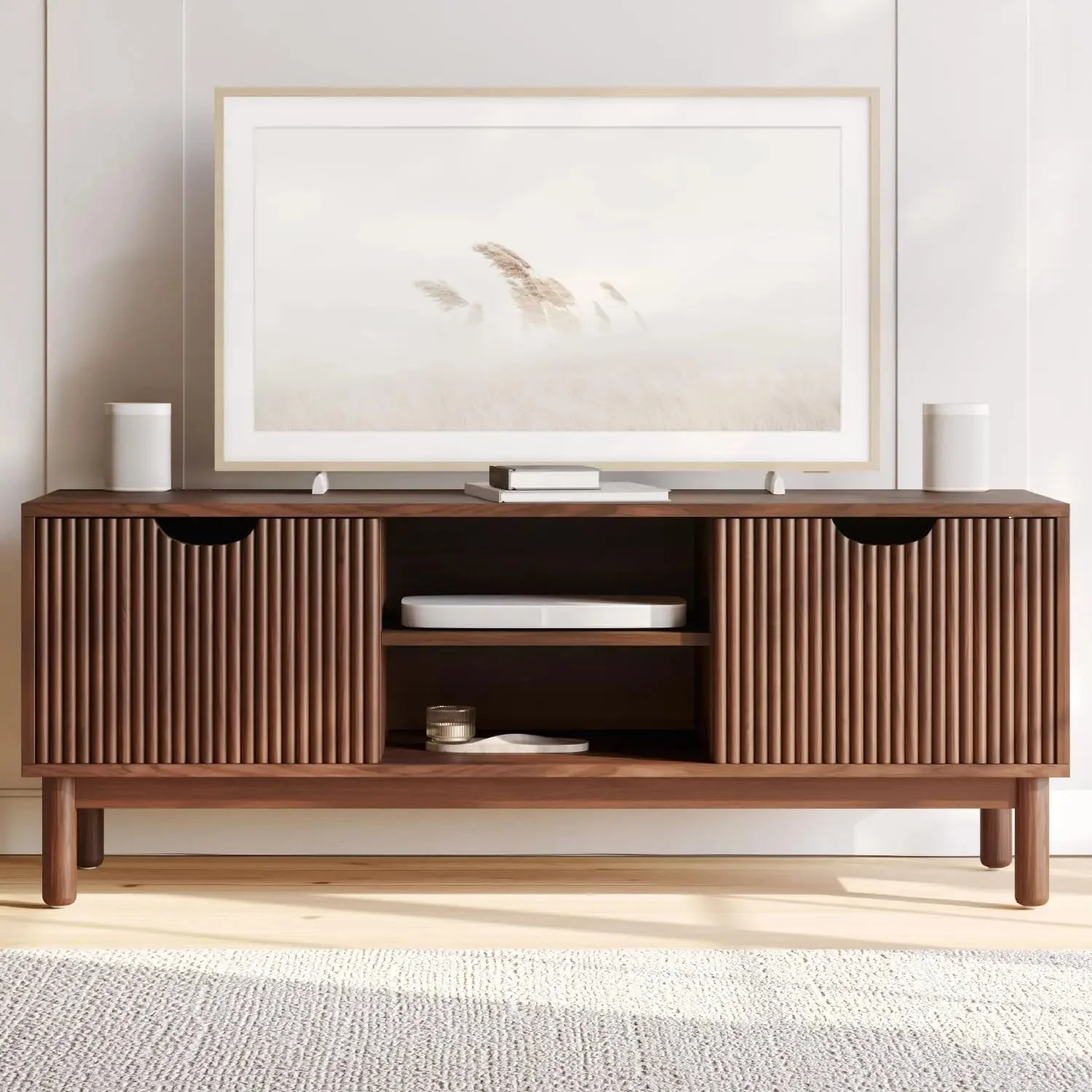 Low Profile Fluted TV Stand - Mid Century Media Console - Living Room Furniture - 48&rdquo; Entertainment Center with Shelves
