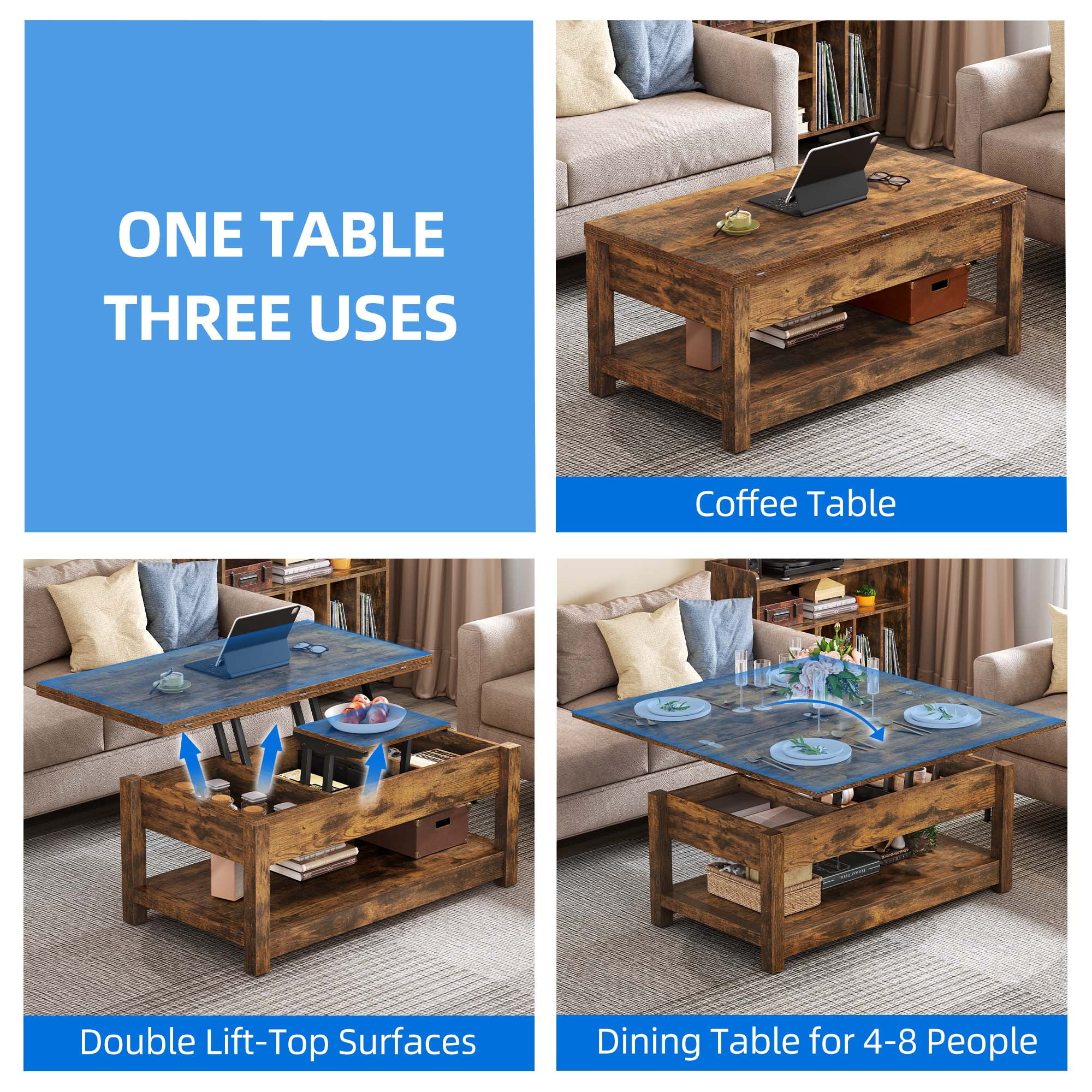 Dextrus Farmhouse Lift Top Coffee Table, 3 in 1 Multi-Function Center Table with Storage for Living Room, Brown - Radiant Selections