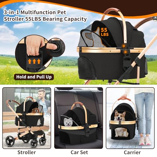 Pet Stroller 3 in 1 Folding Lightweight Dog Stroller with Detachable Carrier & Storage Basket, Premium 4 Wheels Travel for Puppies, Doggies