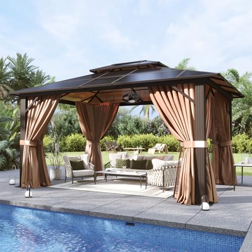 Aoxun 12'x10' Hardtop Gazebo, Aluminum Frame Permanent Pavilion with Curtains and Netting, Outdoor Polycarbonate Double Roof Canopy