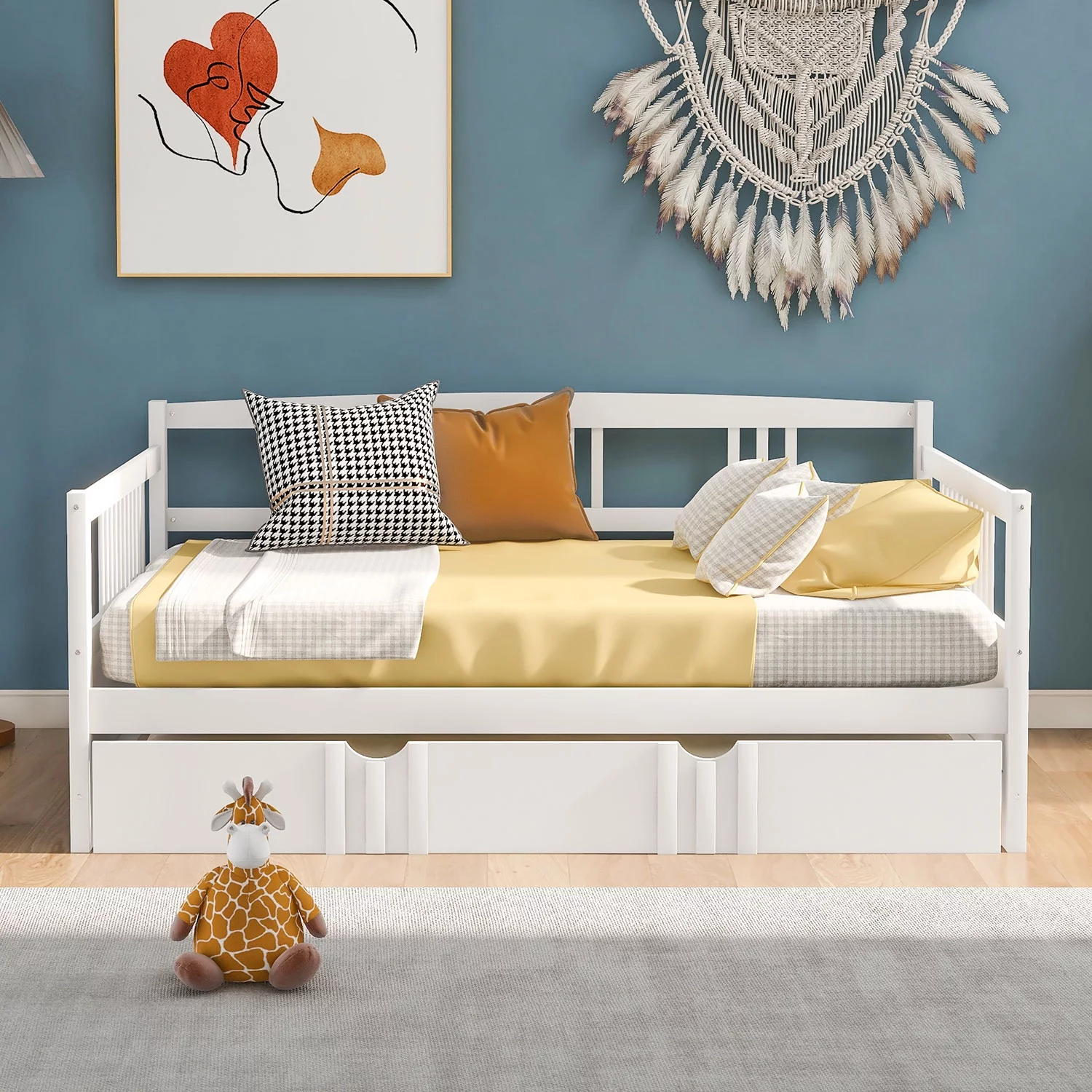 Royard Oaktree Full Size Daybed with Twin Trundle Bed Wood Sofa Bed with Slats Support, White