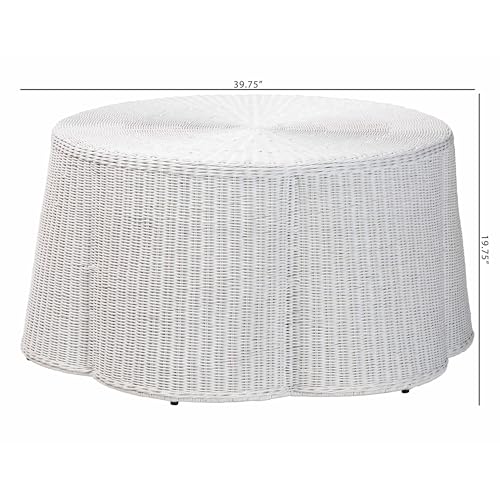 bali & pari Palm Scalloped Rattan Coffee Table - Handwoven Wicker Round Accent Table for Living Room Patio or Sunroom, Coastal Boho Style, White