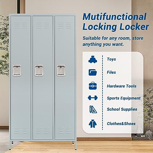 72" Metal Locker for Employees 3 Doors Blue Steel Storage Locker for Office, School, Gym - Metal Storage Cabinets for Home, Office, Gym, School