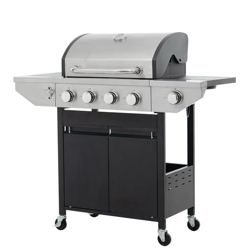 4 Burner Gas Grill with Side Burner, Stainless Steel Propane Grill 46700 BTU Output, Gas BBQ Grill Built in Thermometer, Cabinet Style