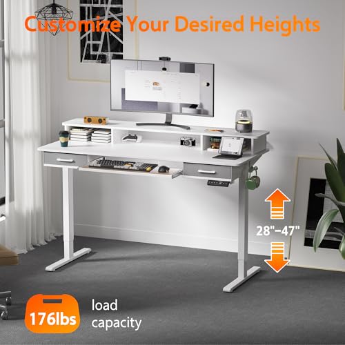 48x24 Inches Electric Standing Desk with 2 Drawers, Height Adjustable Stand up Desk for Home Office, Ergonomic Sit to Stand Table with Storage Shelf
