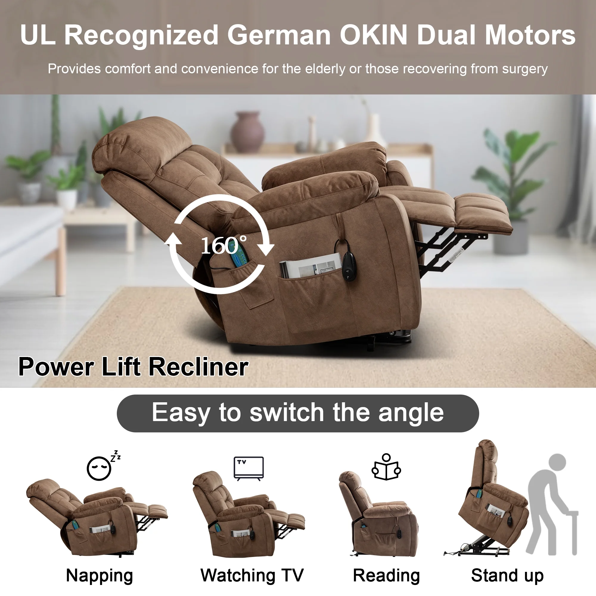 Power Lift Recliner Chair Recliners for Elderly with Heat and Massage, Recliner Chair for Living Room with Side Pocket and 2 Remote Controllers