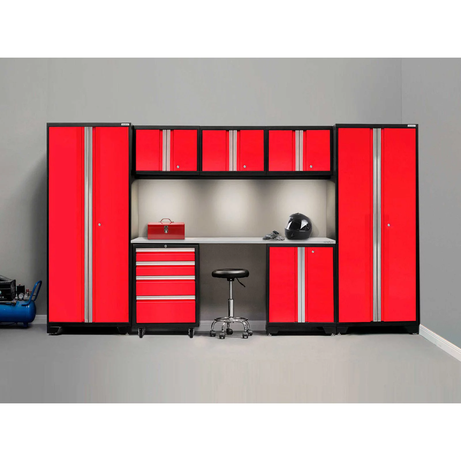 NewAge Products Bold Series Gray 8 Piece Cabinet Set, Heavy Duty 24-Gauge Steel Garage Storage System, LED Lights Included - Curated Treasures Market