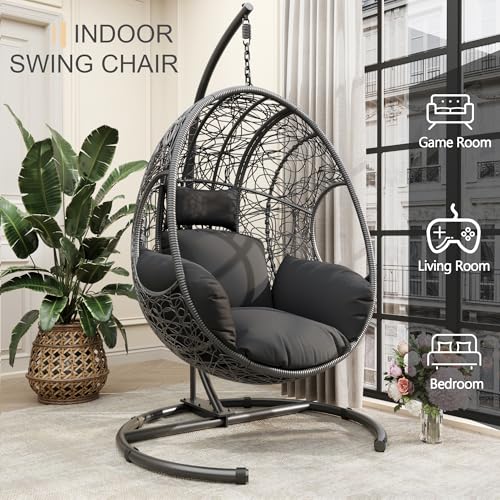 Oversized Hanging Egg Chair Outdoor Indoor, Wicker Swing Egg Chair with Stand 400lbs Capacity for Bedroom, Patio, Garden and Balcony (Beige-nest