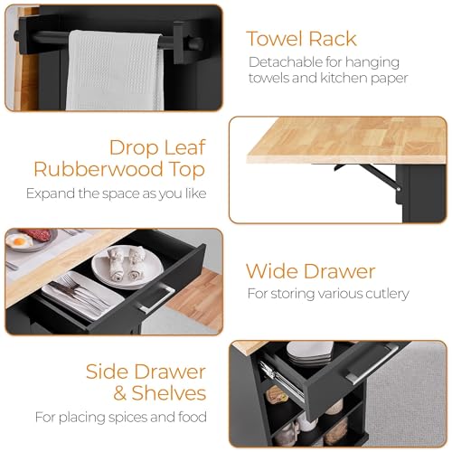 Yaheetech Rolling Kitchen Island Cart with Drop Leaf, Portable Rubberwood Breakfast Bar with Storage Cabinet, Open Shelves & Detachable Towel