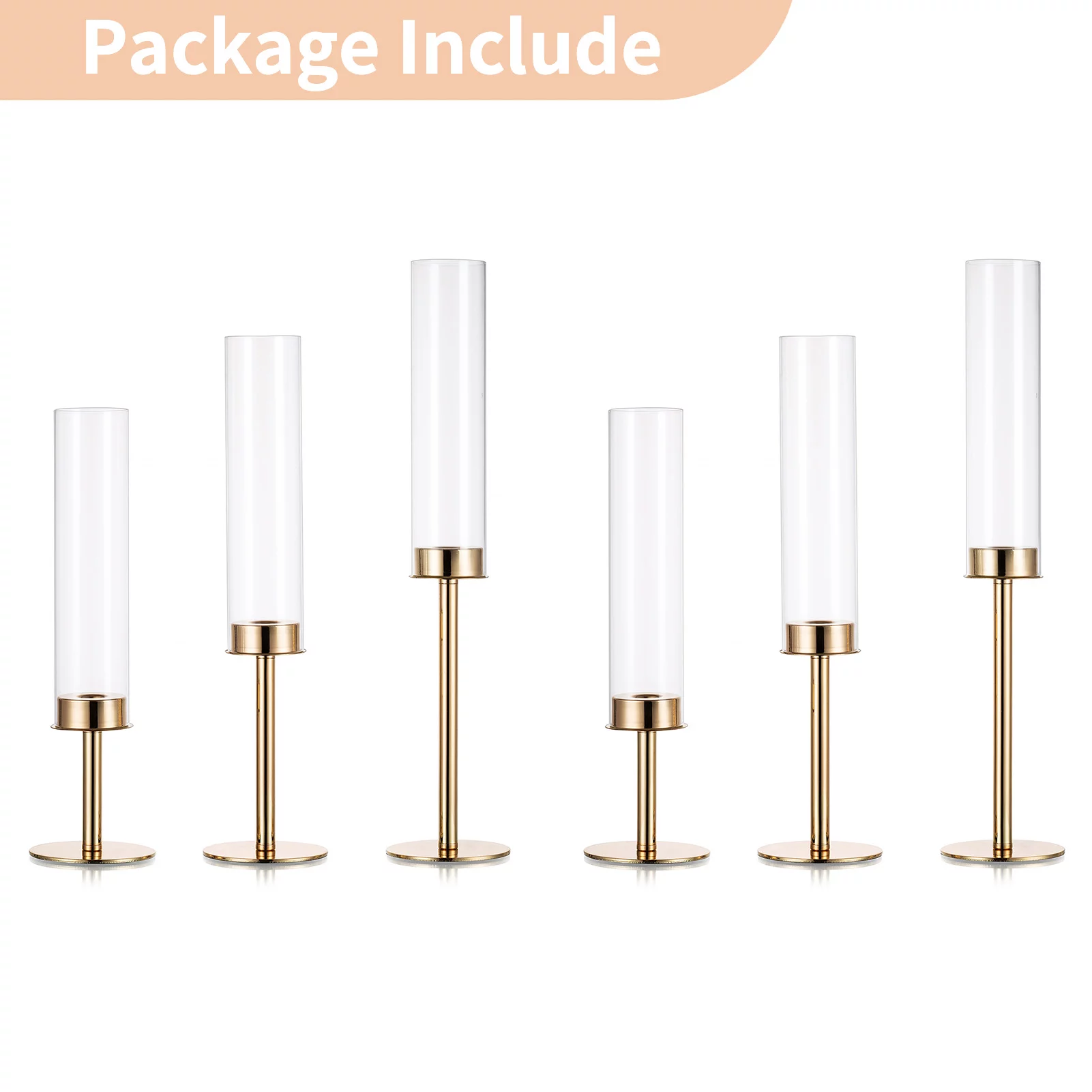 Nuptio Gold Taper Candle Holders with Hurricane Glass Tall Brass Candlestick Holder for Wedding Christmas Table Centerpiece Set of 6