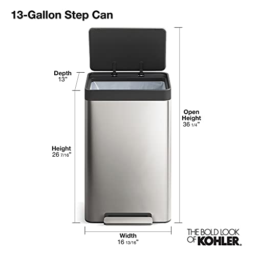 KOHLER 20940-ST 13 Gallon Kitchen Step Trash Can with Foot Pedal, Soft Close Lid, Stainless Steel