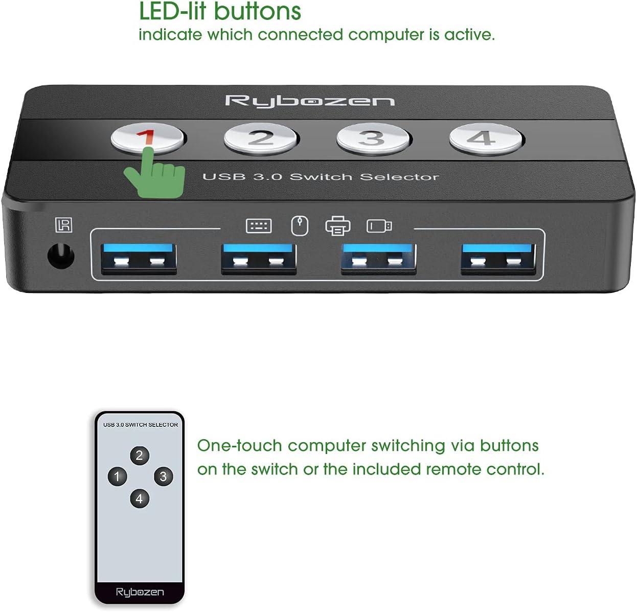 Rybozen USB 3.0 Switch Selector, 4 Port KM Switch USB Peripheral Switcher Box, 4 Computers Sharing 4 USB Devices, for PC, Printer, Scanner, Mouse