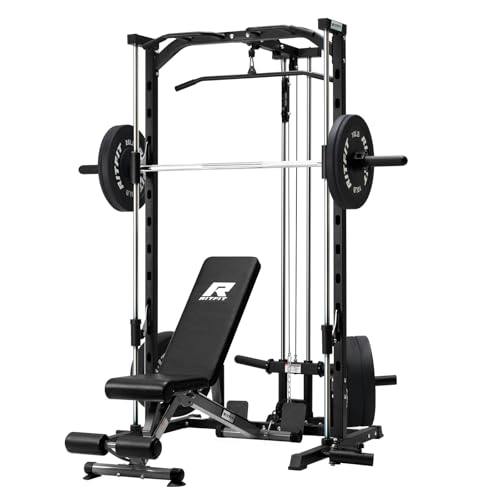 RitFit Smith Machine Power Rack with LAT-Pull Down System, Landmine, Barbell Bar, Plate Storage Pegs and More Training Attachment