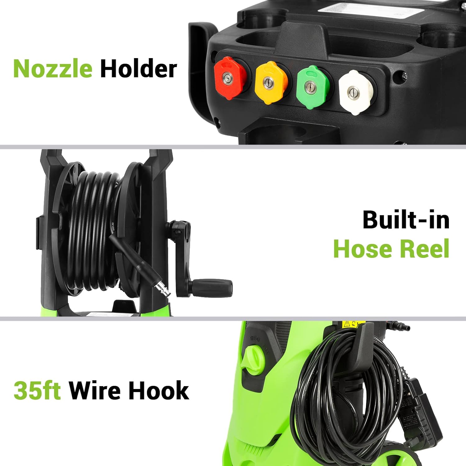 Rock&Rocker Powerful Electric Pressure Washer, 3500PSI Max 1.85 GPM Power Washer with Hose Reel, 4 Quick Connect Nozzles, Soap Tank
