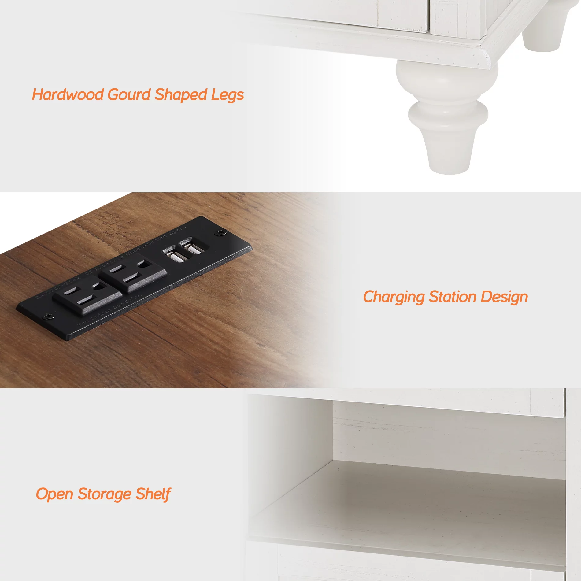 Nightstand Set of 2 with Charging Station Farmhouse Wooden End Table Sofa Side Table with 2 drawers for Bedroom Living Room, White