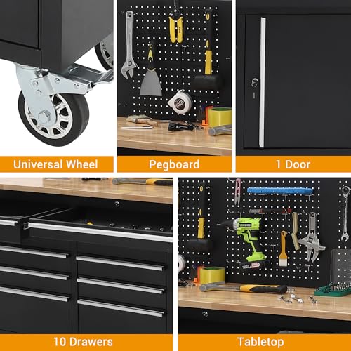 61inch Rolling Tool Chest, Garage Workbench Storage Tool Cabinet 10 with Drawers, Solid Rubber Wood Top with Power Strip, LBS Load Mobile Workstation