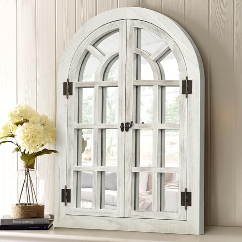 Arched Wall Mirror -Window Mirrors for Wall Decor Wood Frame Farmhouse Decor Like Window for Bedroom, Living Room, Entrance, Dining Room