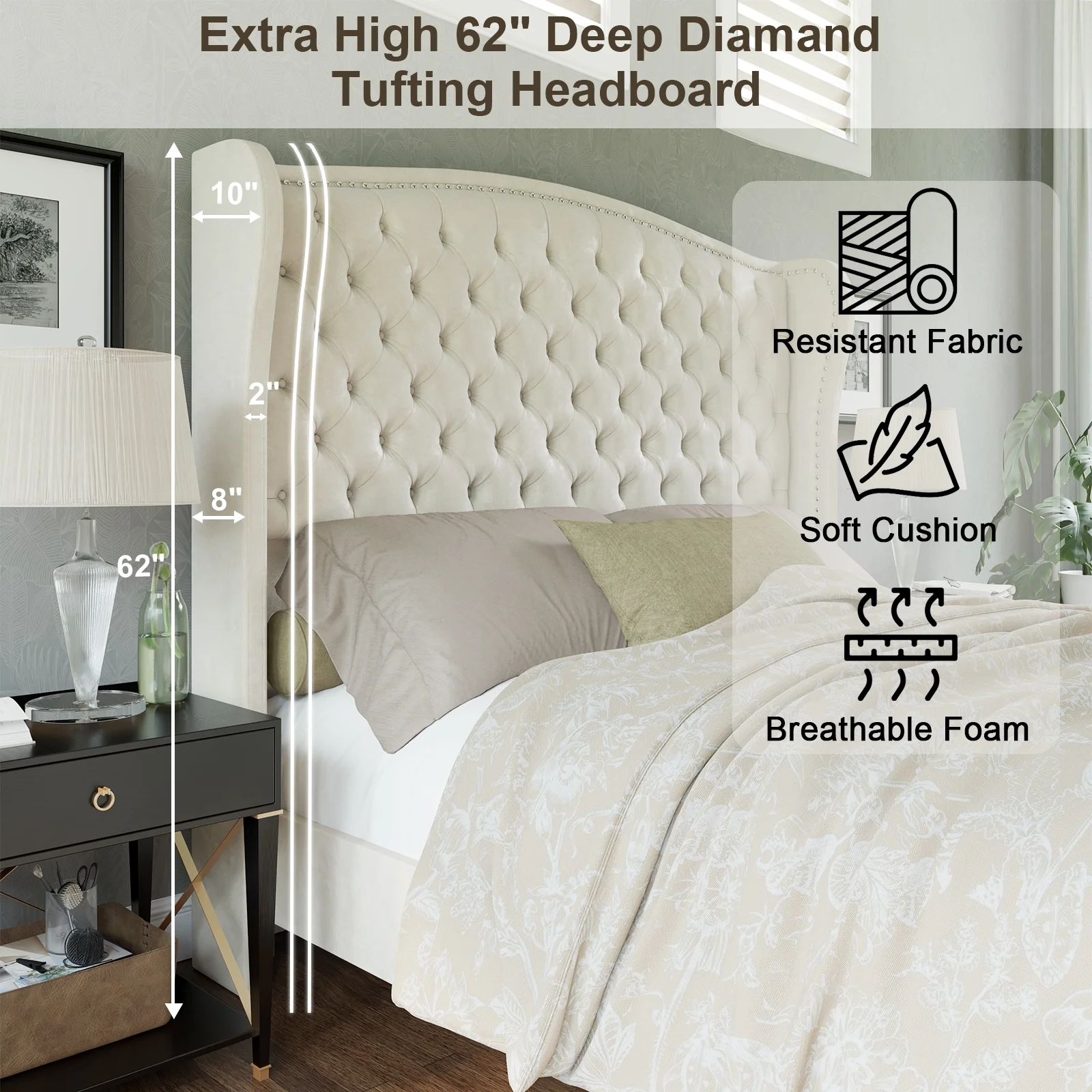 Amerlife 62" High Queen Size Platform Bed Frame, Cream