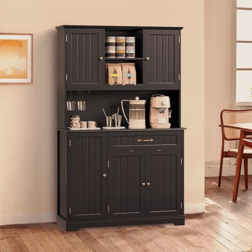 Gizoon 67.7" Kitchen Pantry Cabinet with Microwave Shelf Tall Coffee Bar Cabinet with Storage Kitchen Hutch with Countertop for Dining Room and Craft