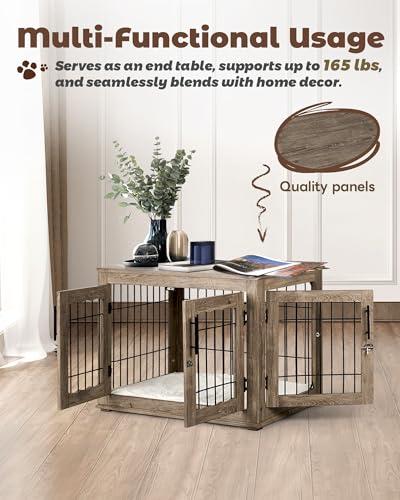 Dog Crate Furniture, 32 inch Medium Dog Crates with Bed Mat, Wooden Dog Kennel Furniture, End Side Table Dog Cage with 3 Doors, Greige