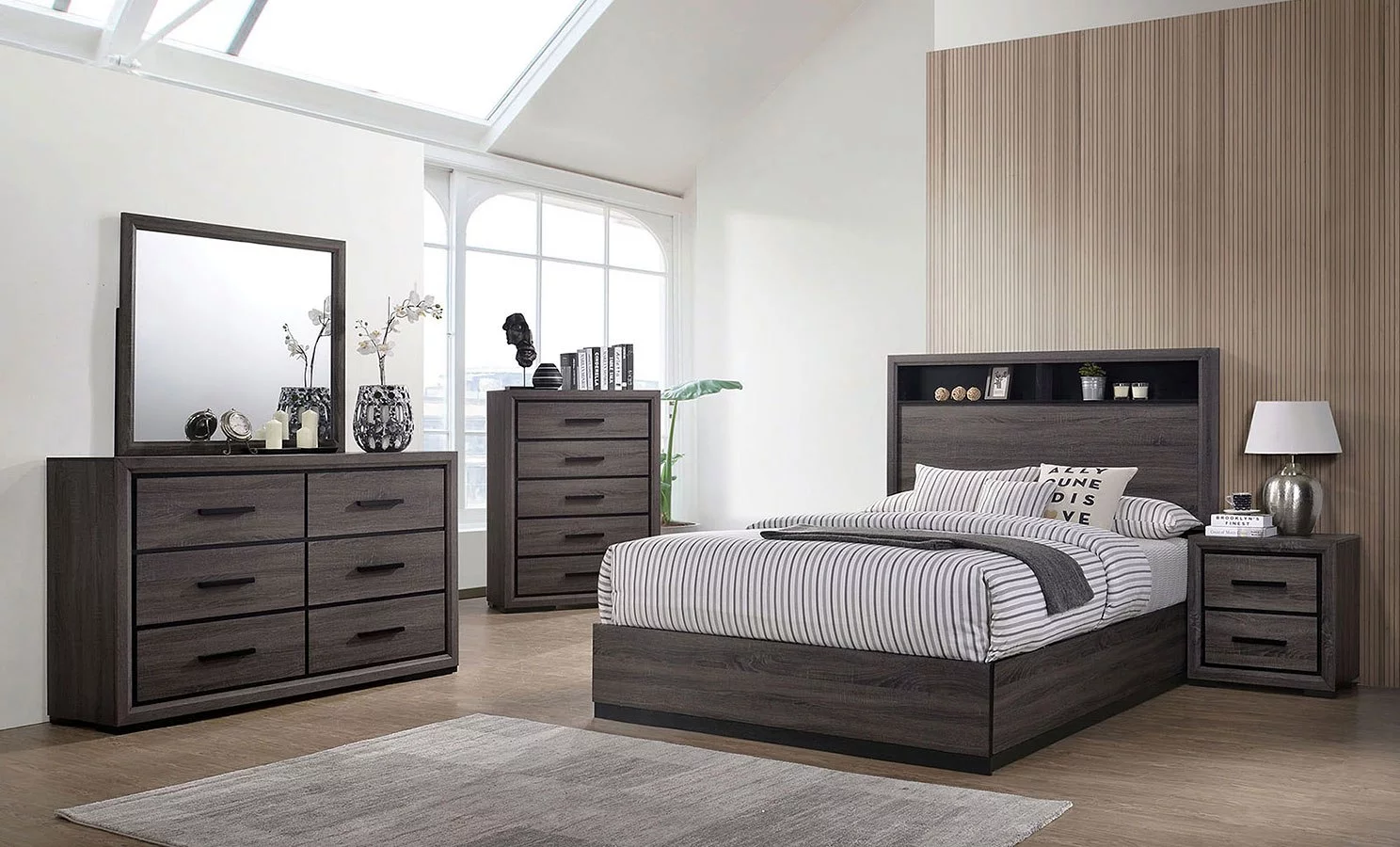Contemporary 4-pc Queen Size Bed Dresser Mirror Nightstand Bedroom Furniture Grey Paper Veneer