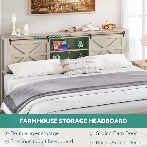 YITAHOME Farmhouse Queen Size Bed Frame with Headboard, Bookcase Storage Shelves, Sliding Barn Door, Charging Station, Rustic Wood Platform Bed