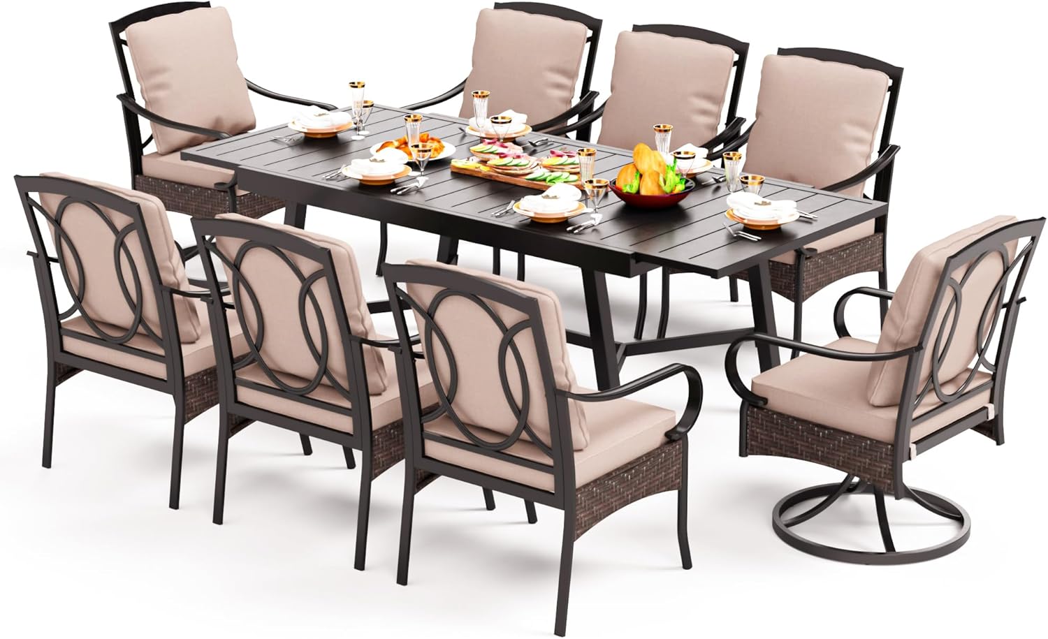 PHI VILLA Outdoor Patio Dining Table and Chairs Set, Heavy Duty 9 Piece Outdoor Dining Set for 8-8 Extra Large Outdoor Patio Chairs