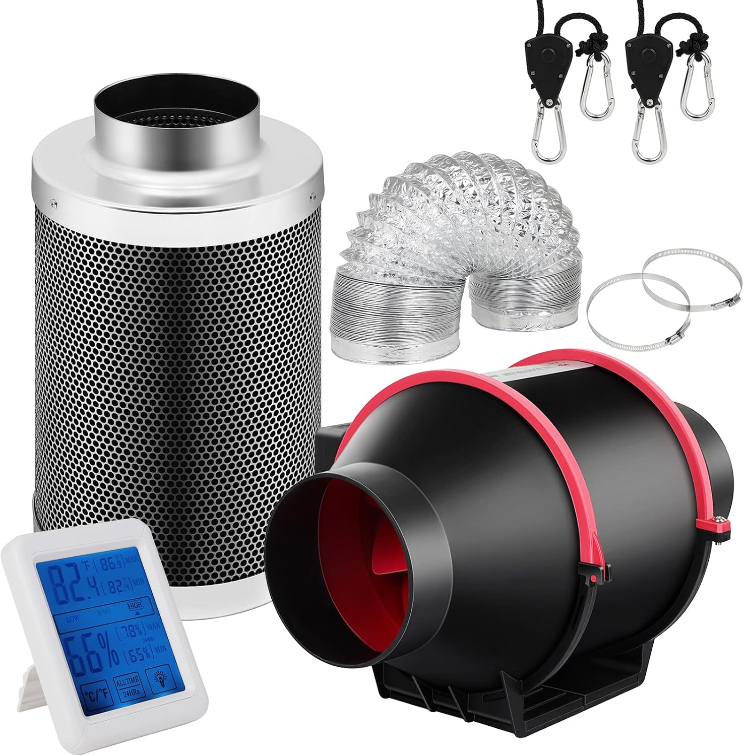 Ventilation Kit 4 inch Inline Fan 182 CFM Ventilation Fan with Temperature Humidity Monitor, 4 inch Air Carbon Filter and 10 feet Ducting