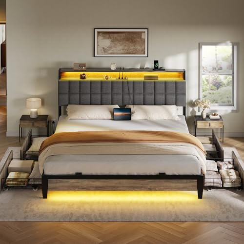 YITAHOME Queen Size Bed Frame with RGB LED Lights and 4 Drawers, Upholstered Platform Bed with Charging Station and Storage Headboard
