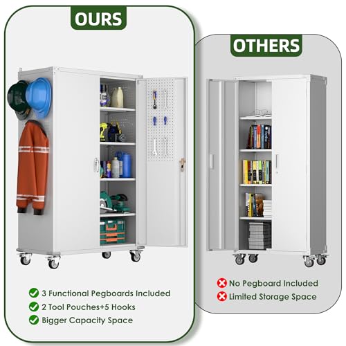71" Metal Storage Cabinet with Wheels and Pegboard, Lockable Rolling Steel Storage Cabinet with 5 Adjustable Shelves and Door for Garage, Office